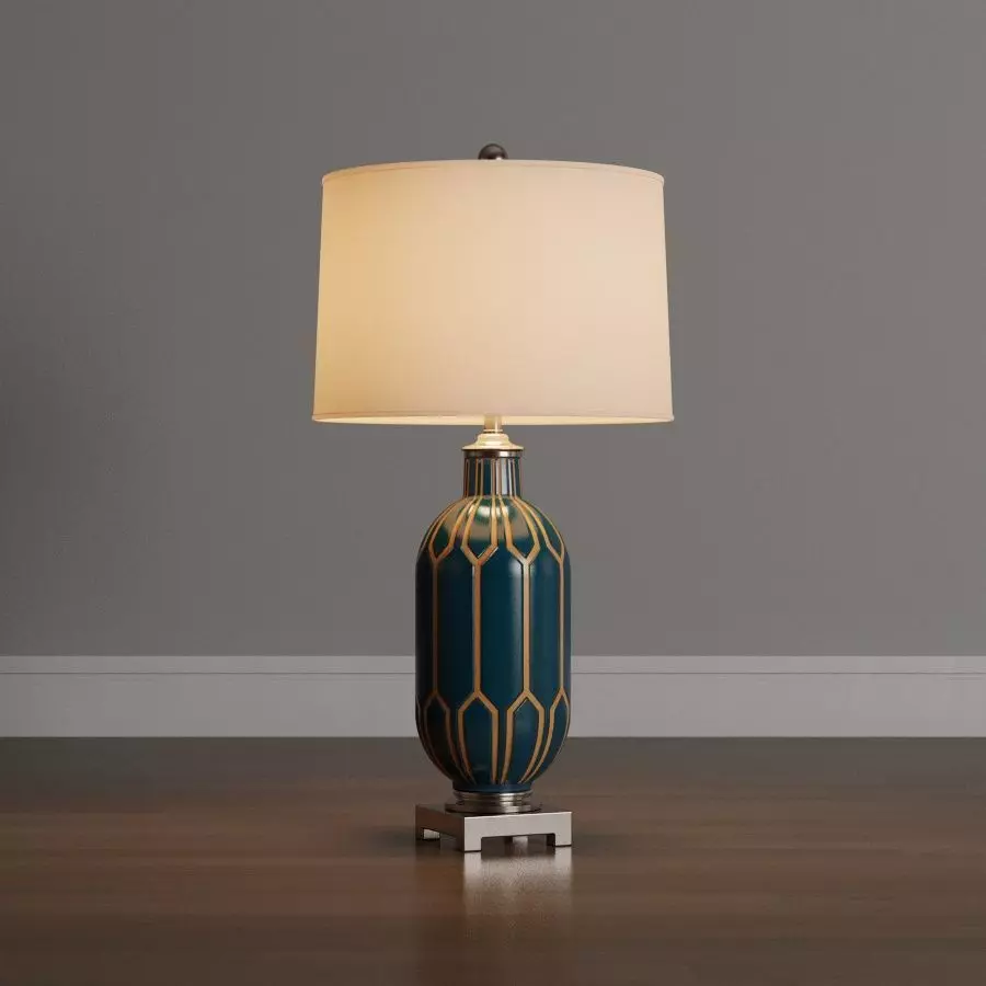 Blue ceramic table lamp Low-poly 3D model_0