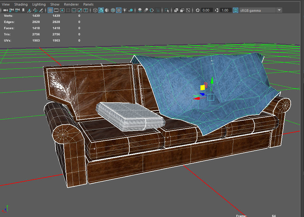 Couch with blanket and pillow scene Low-poly 3D model_1