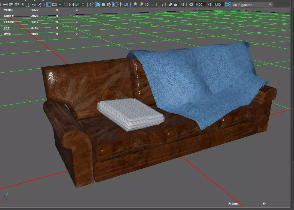 Couch with blanket and pillow scene Low-poly 3D model_0