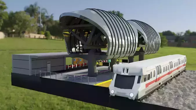 Low Poly Train Station with Train 3D model
