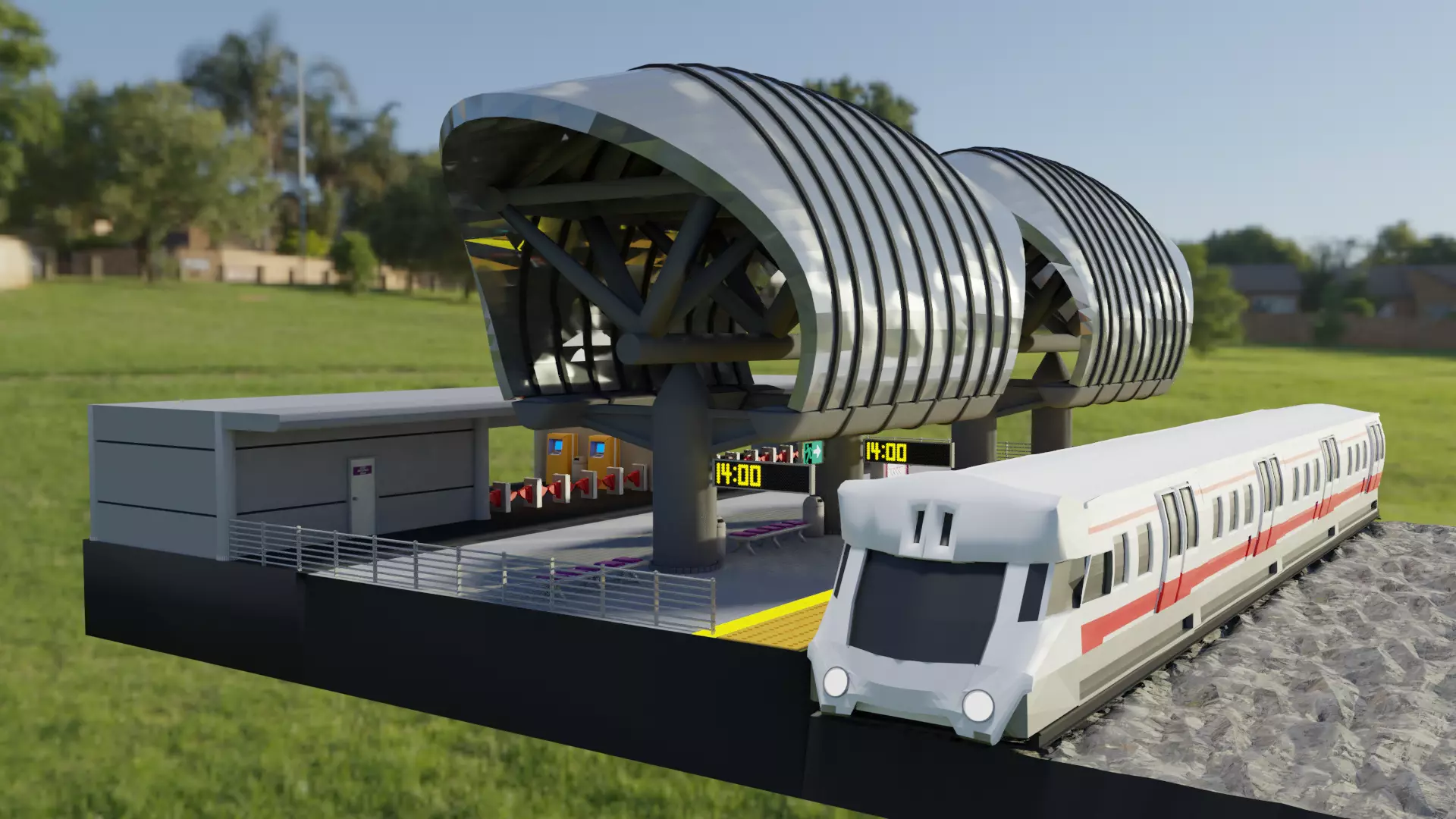 Low Poly Train Station with Train 3D model