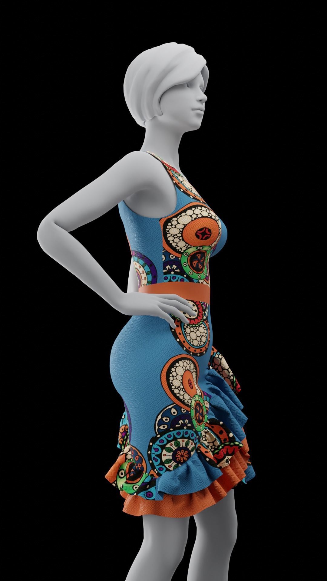 Fancy blue dress with colorful pattern 3D model_8