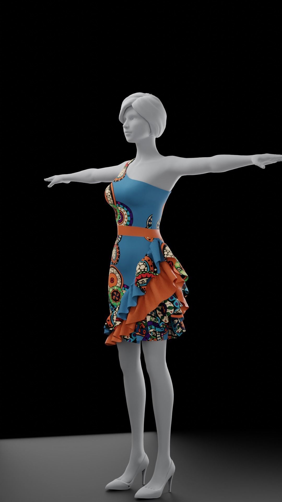 Fancy blue dress with colorful pattern 3D model_5