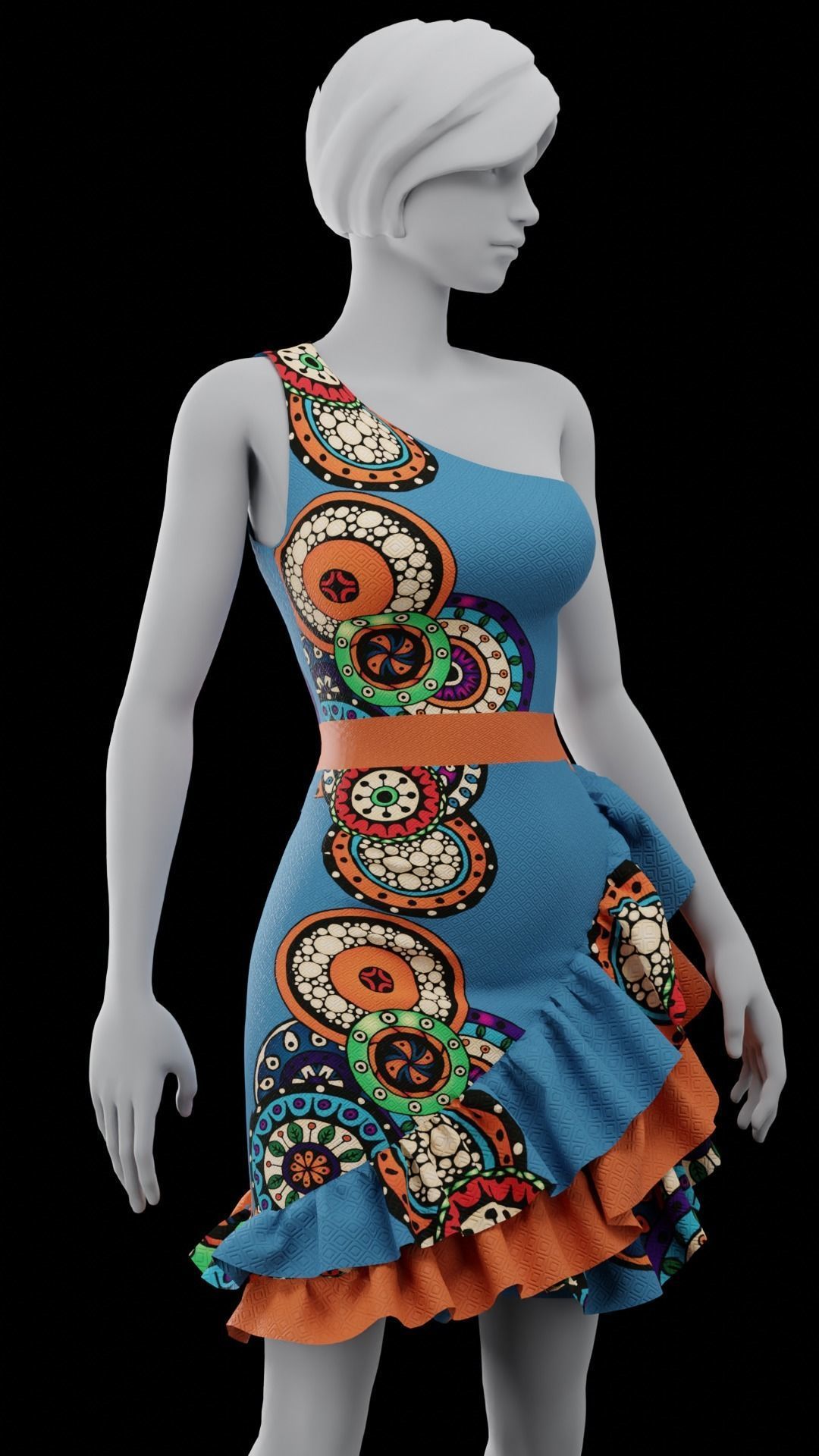 Fancy blue dress with colorful pattern 3D model_4