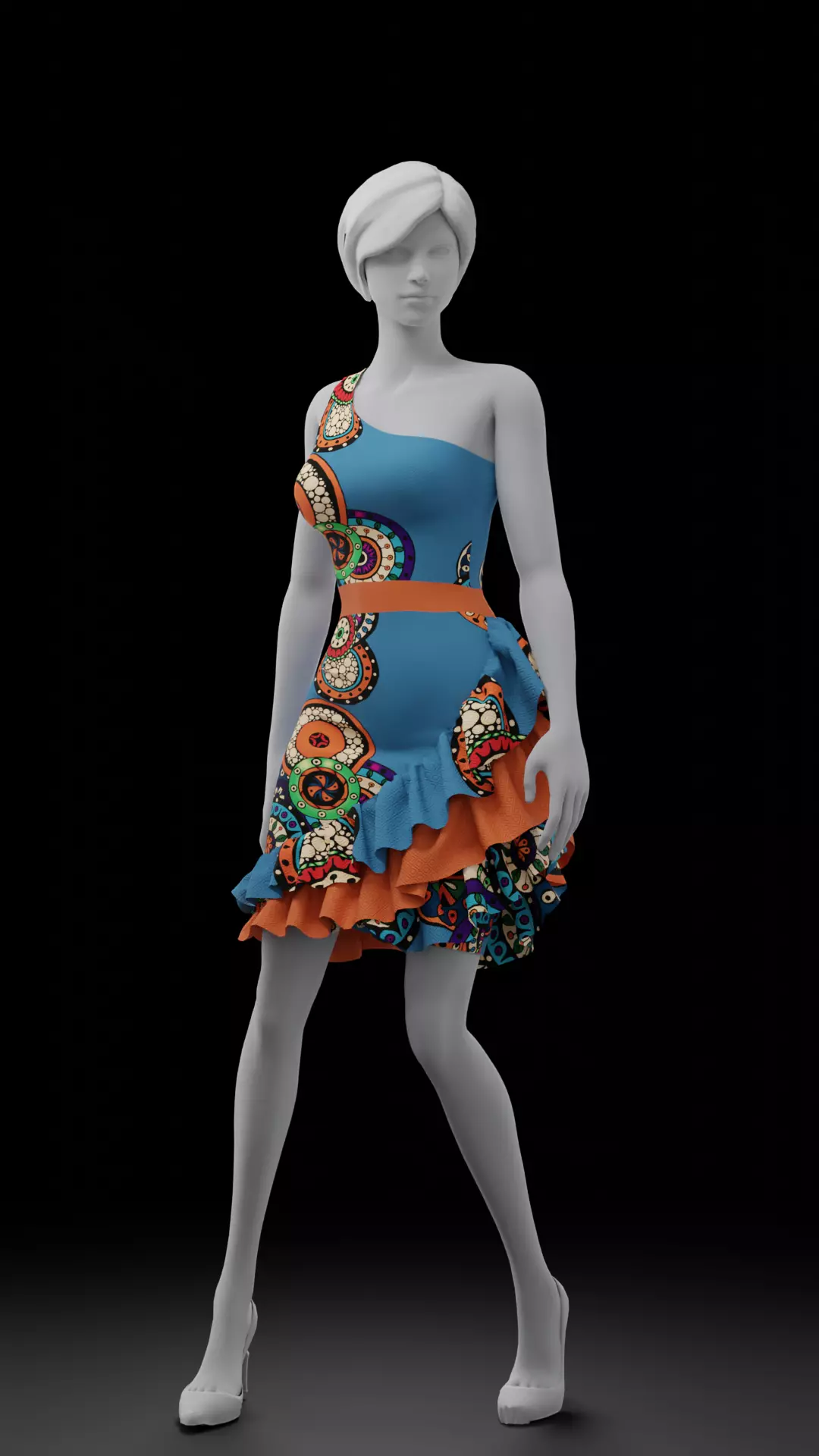 Fancy blue dress with colorful pattern 3D model_0