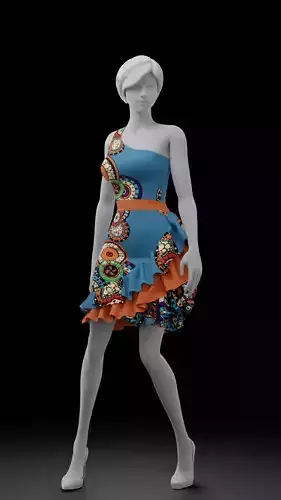 Fancy blue dress with colorful pattern 3D model