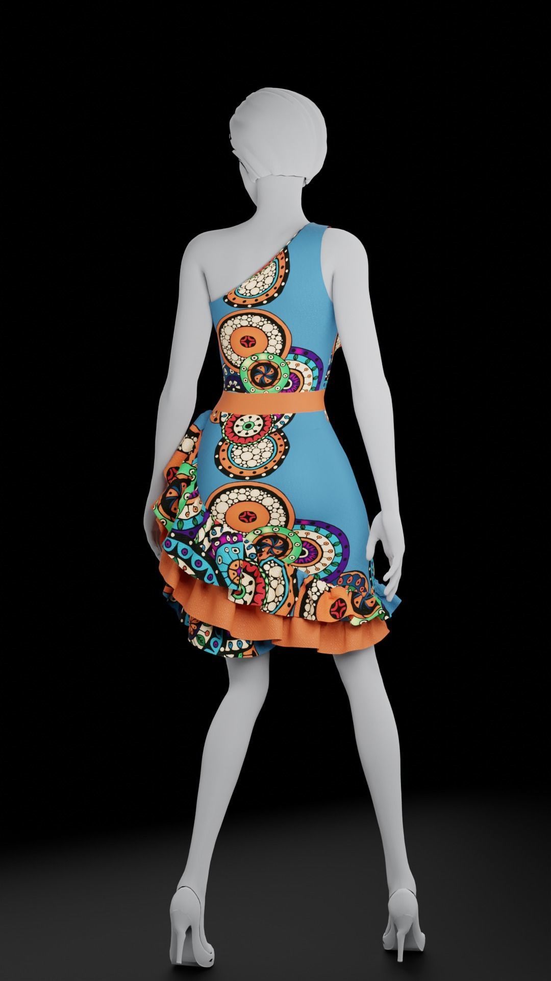 Fancy blue dress with colorful pattern 3D model_3