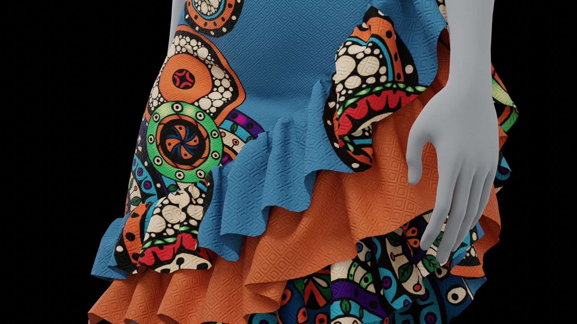 Fancy blue dress with colorful pattern 3D model_2