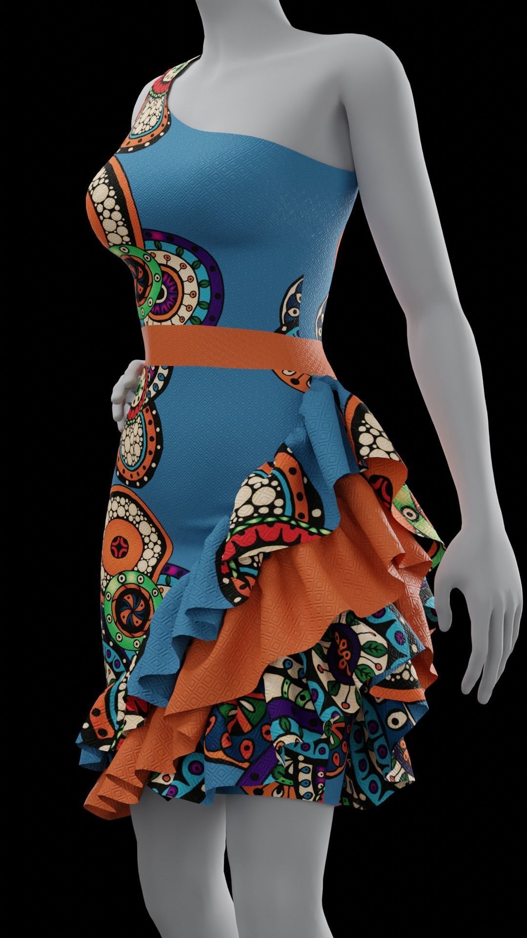Fancy blue dress with colorful pattern 3D model_7