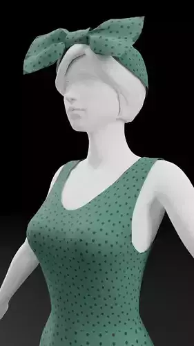 Green long dress with frills and a head bow