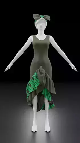 Green African style dress with frills and headbow