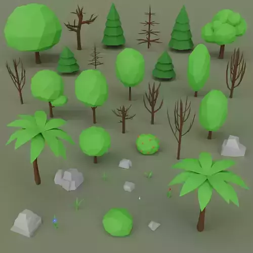 Low Poly Trees Rocks Flowers