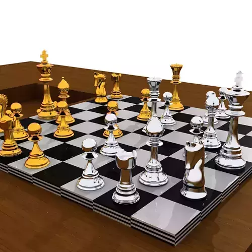 chess board with gold and silver pieces