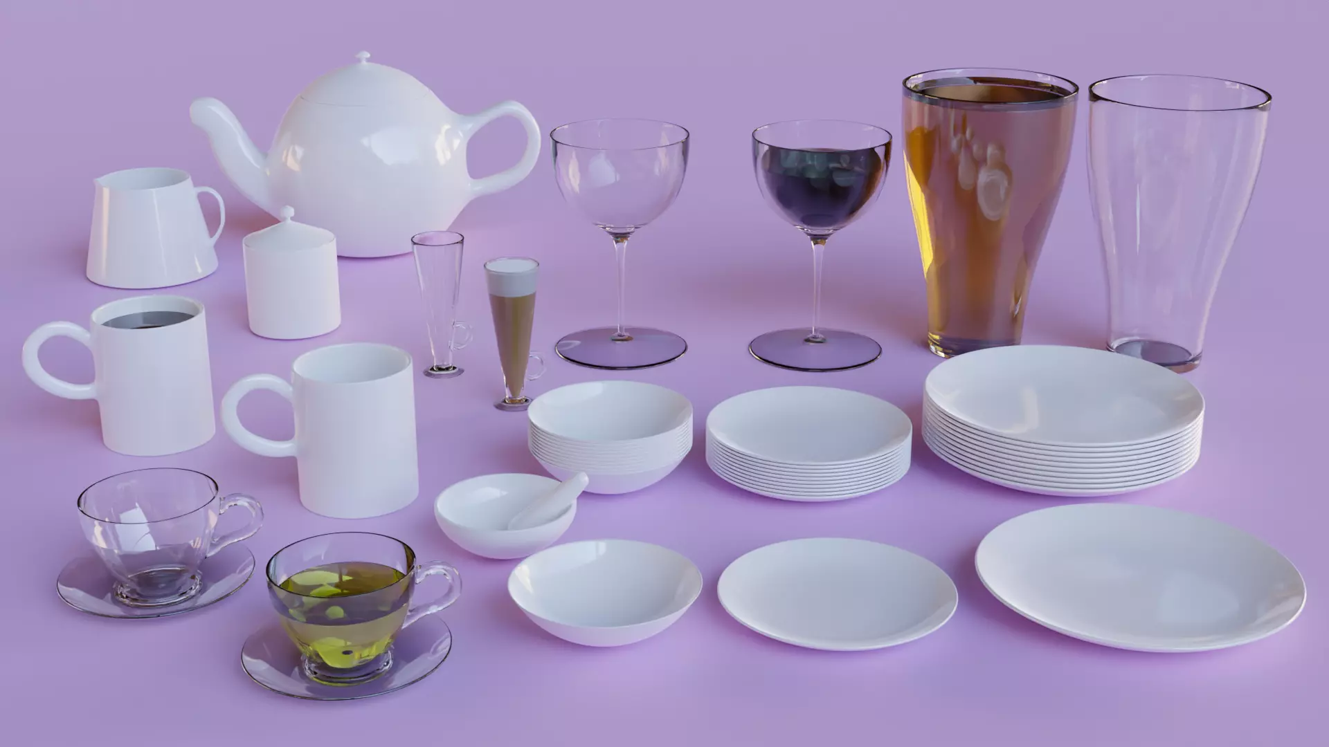 kitchenware set of plates and cups 3D model