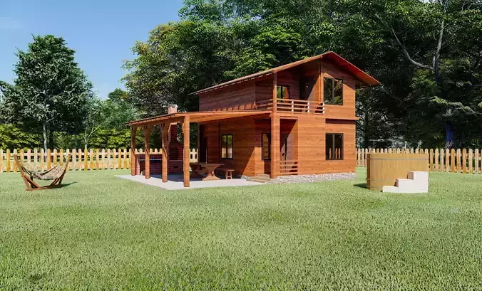 Cabin wooden house on lawn