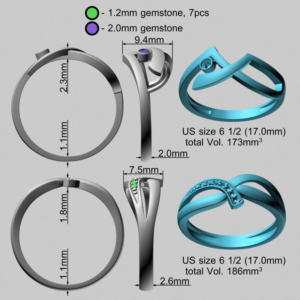 Rhodium Plated Topaz Gems Two Rings 3D print model_30