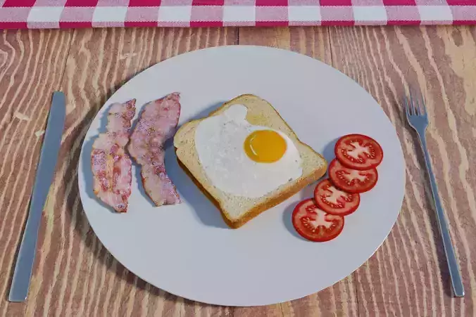 Eggs Bacon Tomato on Toast Low-poly 3D model
