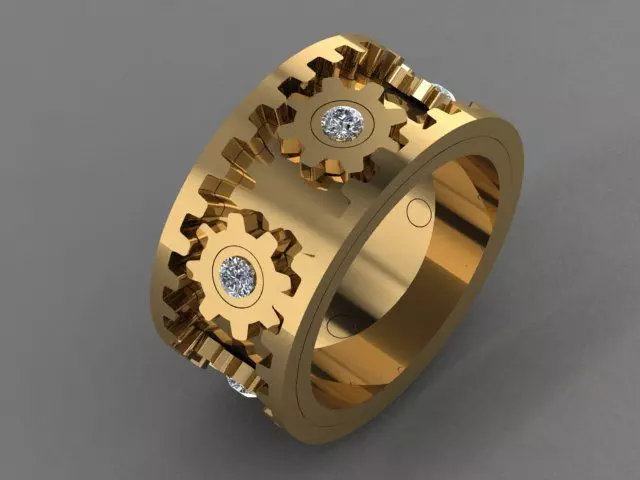 B-106 gold ring with gears and diamonds 3D print model_0