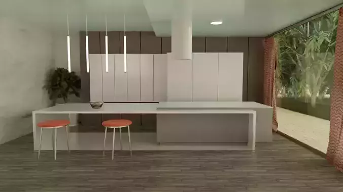 Kithcen render modern kitchen with orange stools