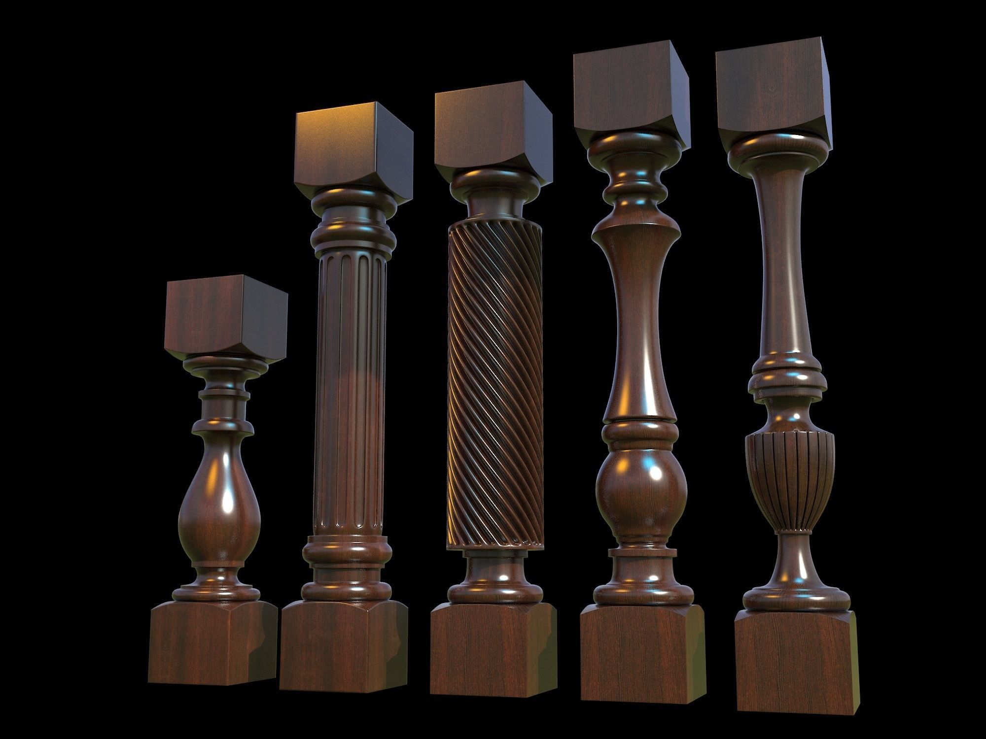 Baluster set of wooden columns 3D model_3
