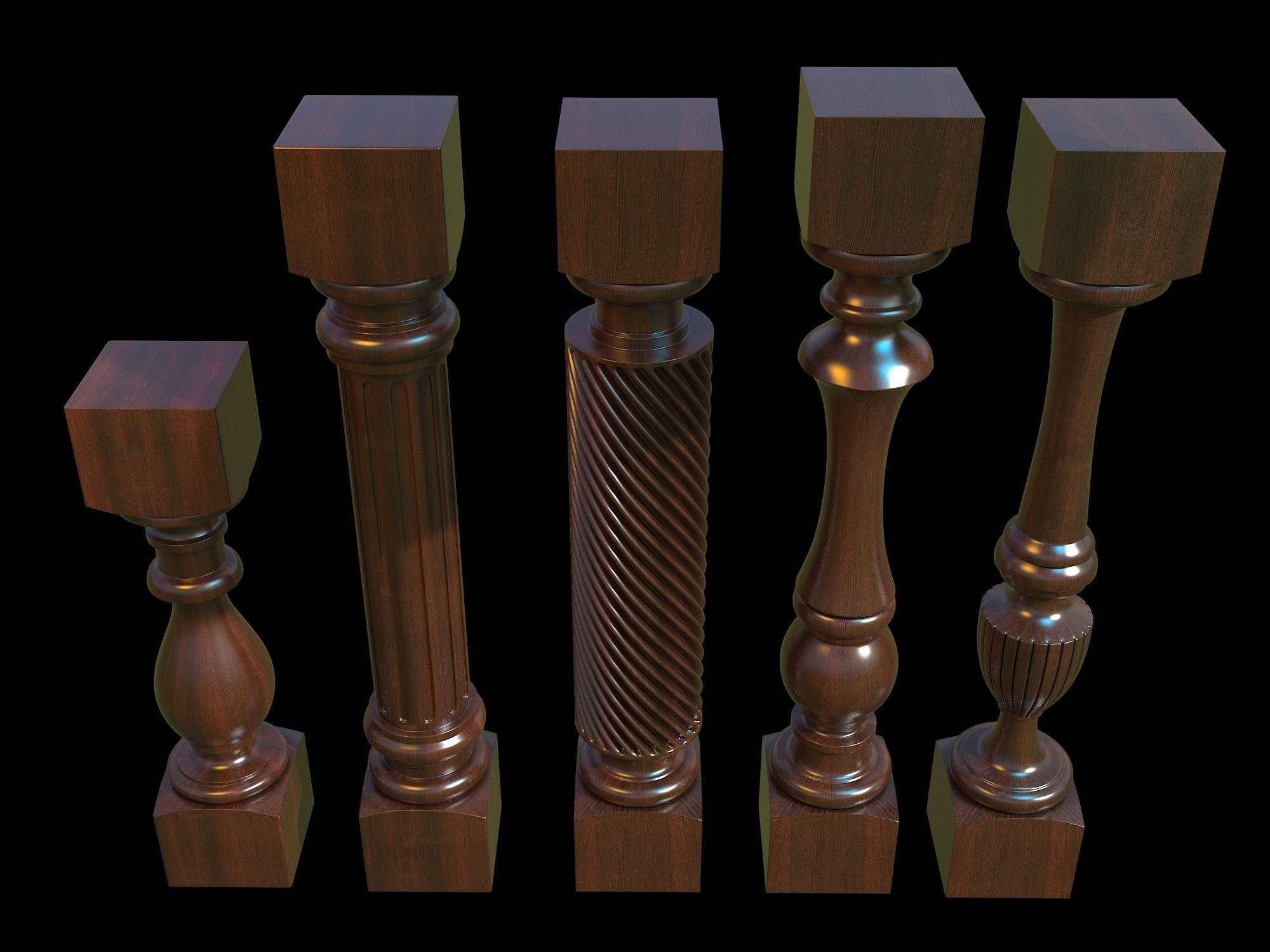 Baluster set of wooden columns 3D model_1