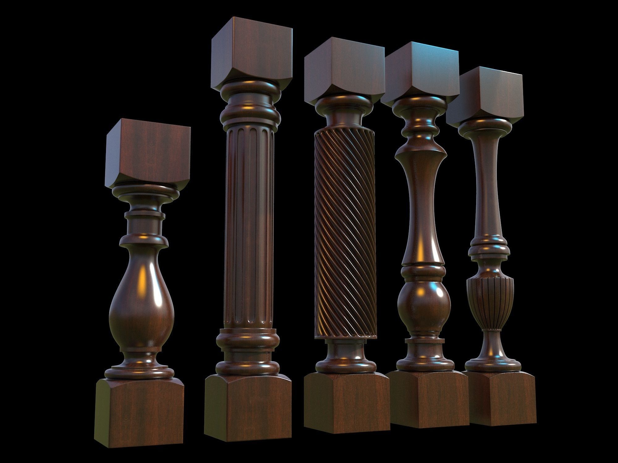 Baluster set of wooden columns 3D model_2
