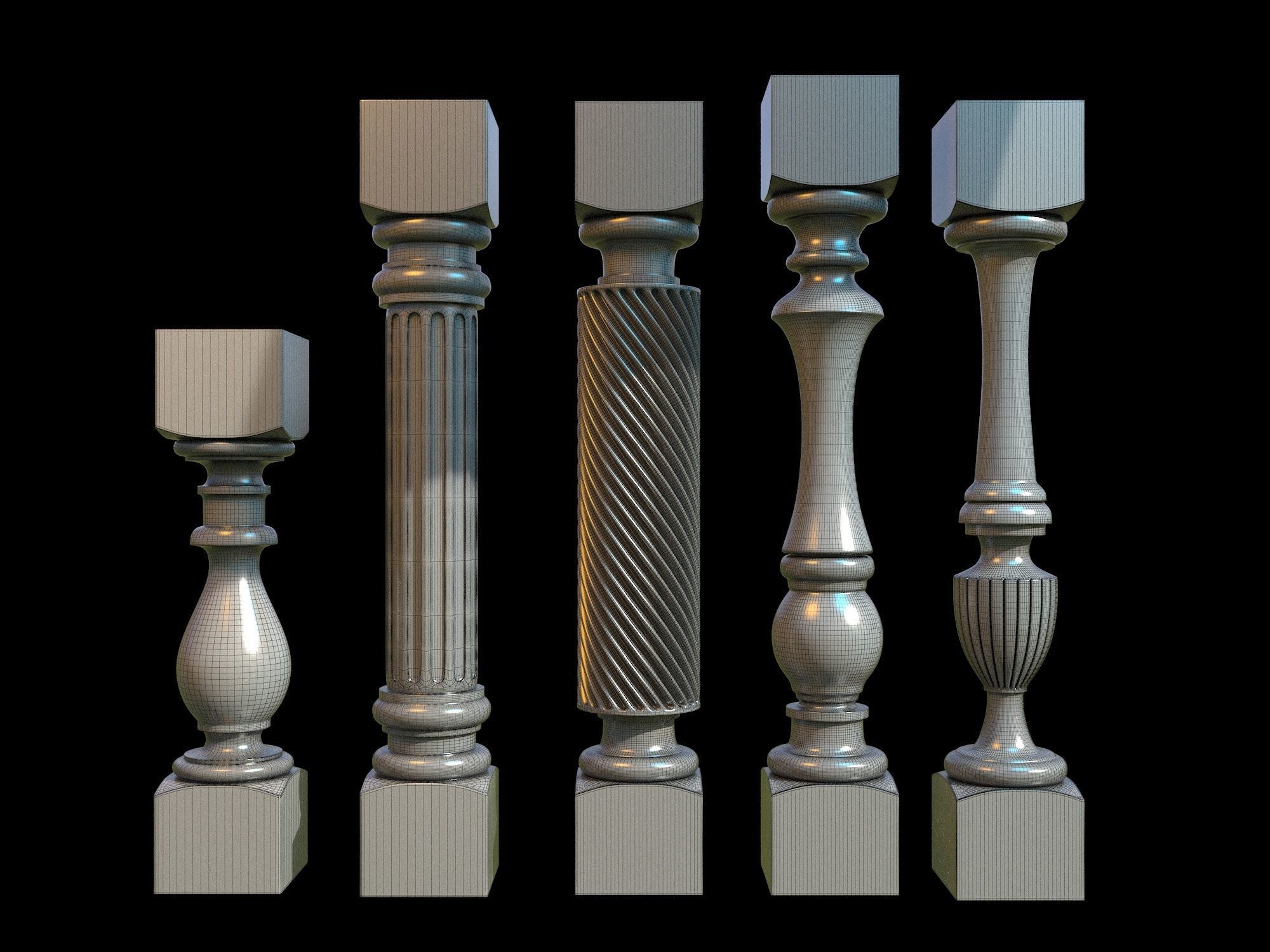 Baluster set of wooden columns 3D model_4
