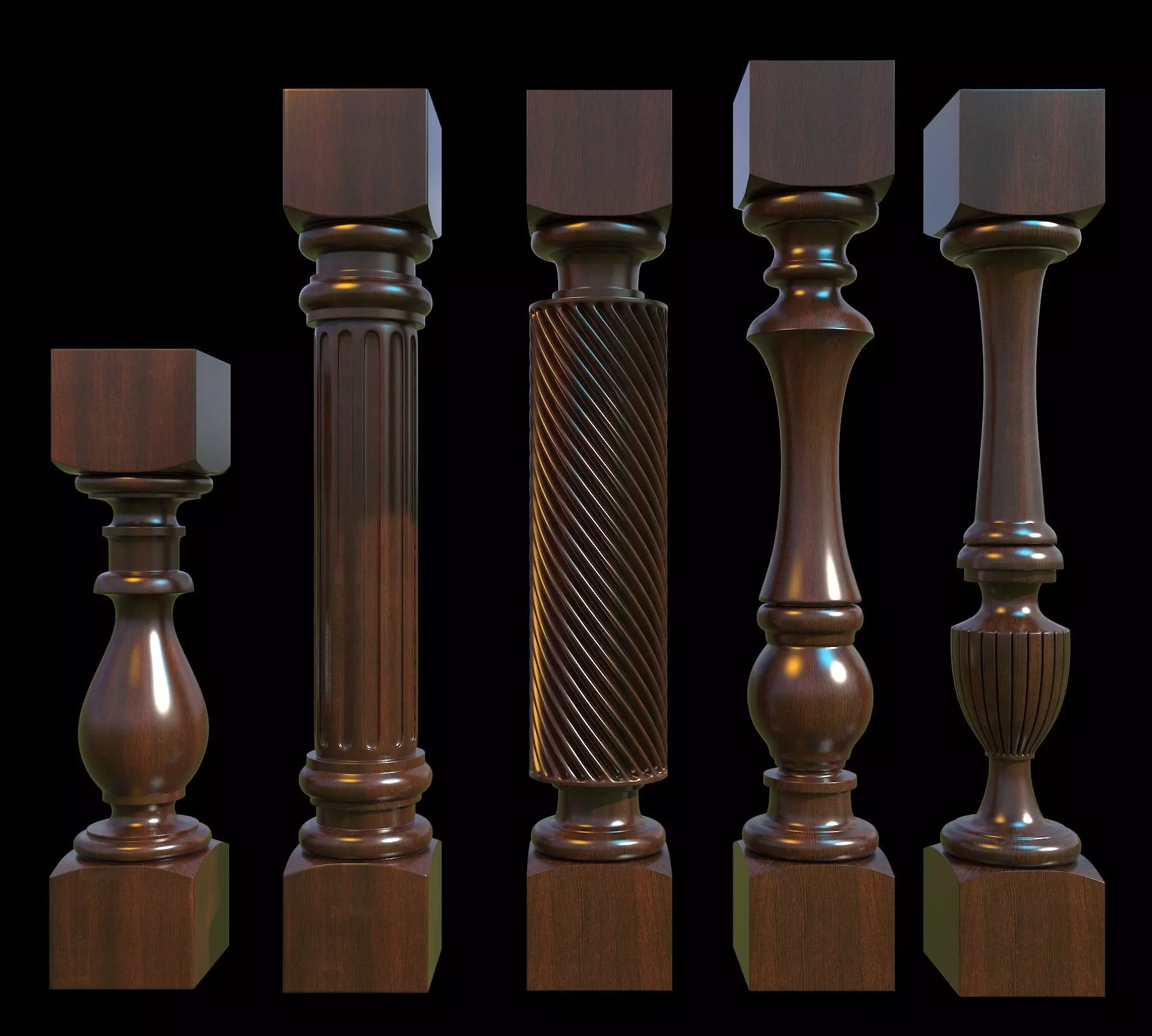 Baluster set of wooden columns 3D model_0