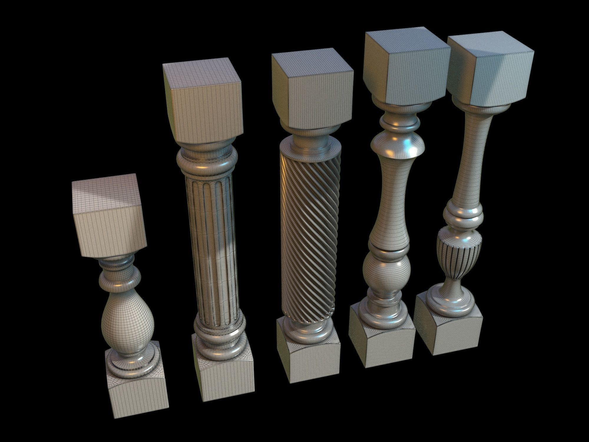 Baluster set of wooden columns 3D model_6