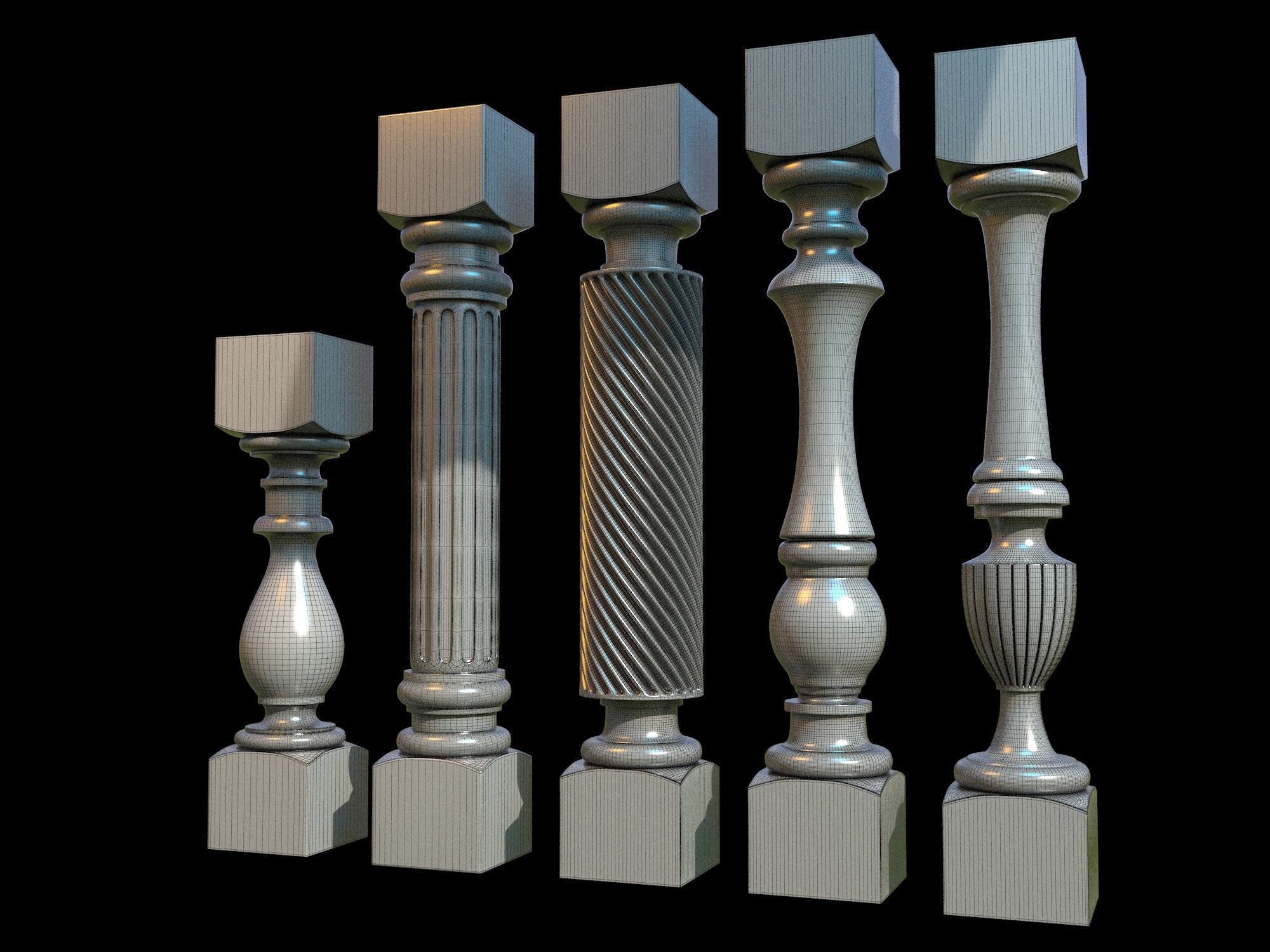 Baluster set of wooden columns 3D model_5