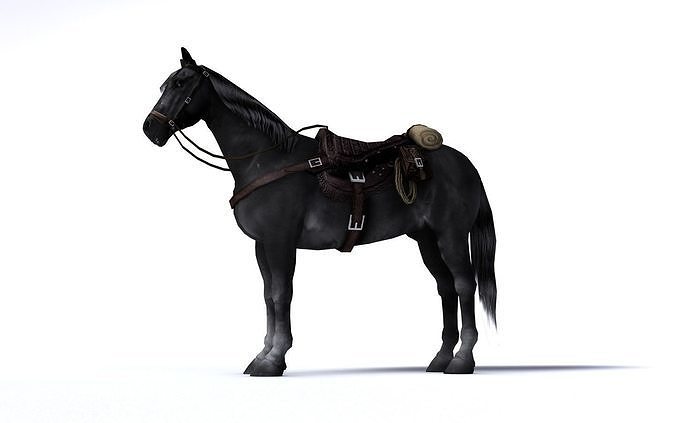 Black horse with saddle and bags Low-poly 3D model