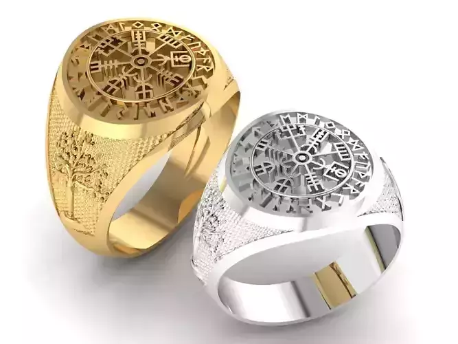 gents ring with icelandic compass viking runes symbol   3D print model