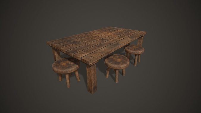 Wooden Tavern Table and Chairs Low-poly 3D model