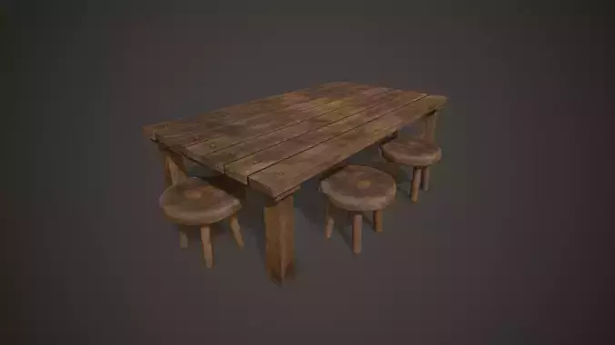 Wooden Tavern Table and Chairs Low-poly 3D model