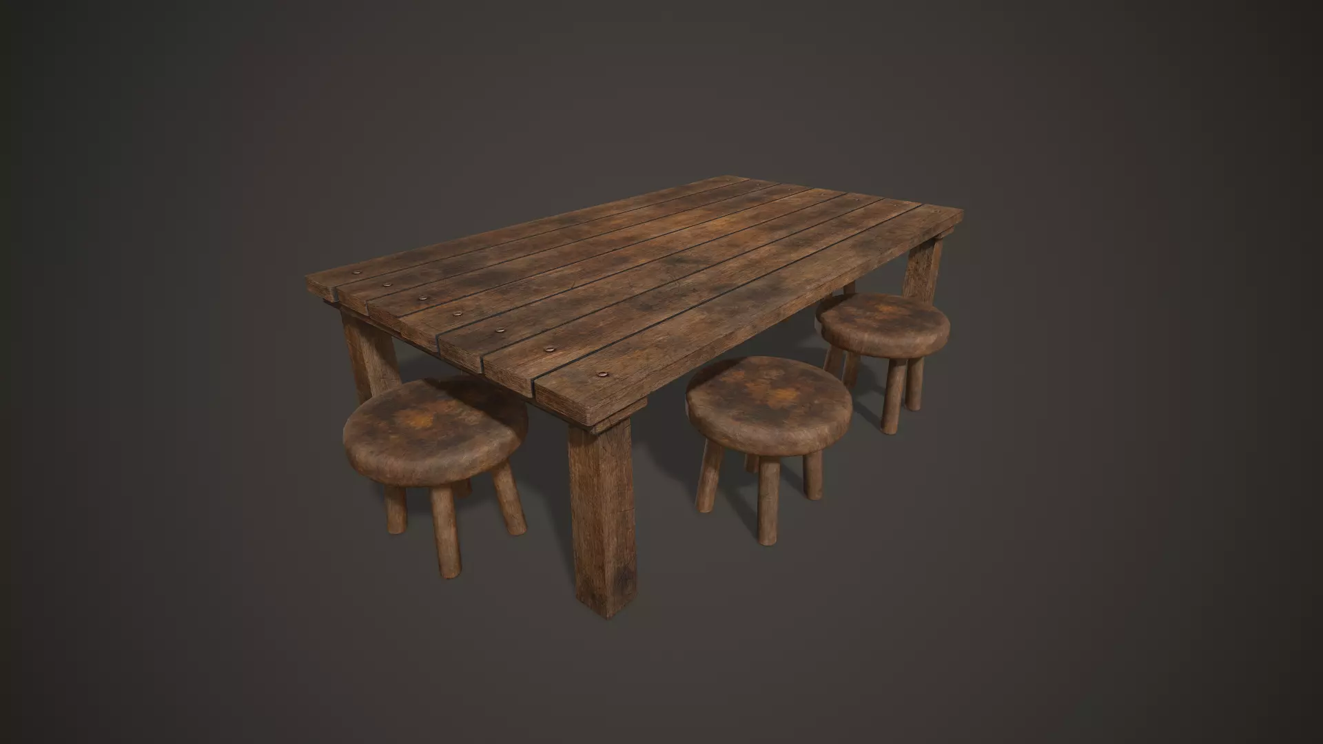 Wooden Tavern Table and Chairs Low-poly 3D model_0
