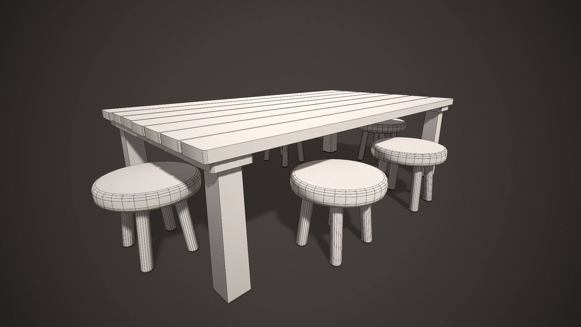 Wooden Tavern Table and Chairs Low-poly 3D model_7