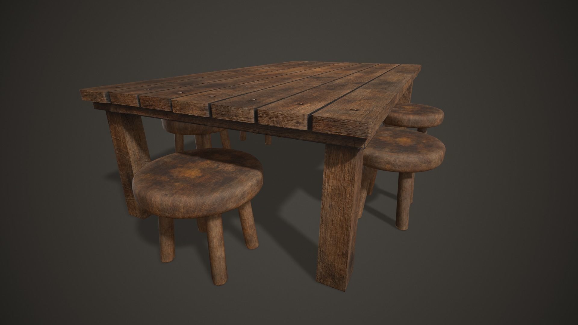 Wooden Tavern Table and Chairs Low-poly 3D model_2