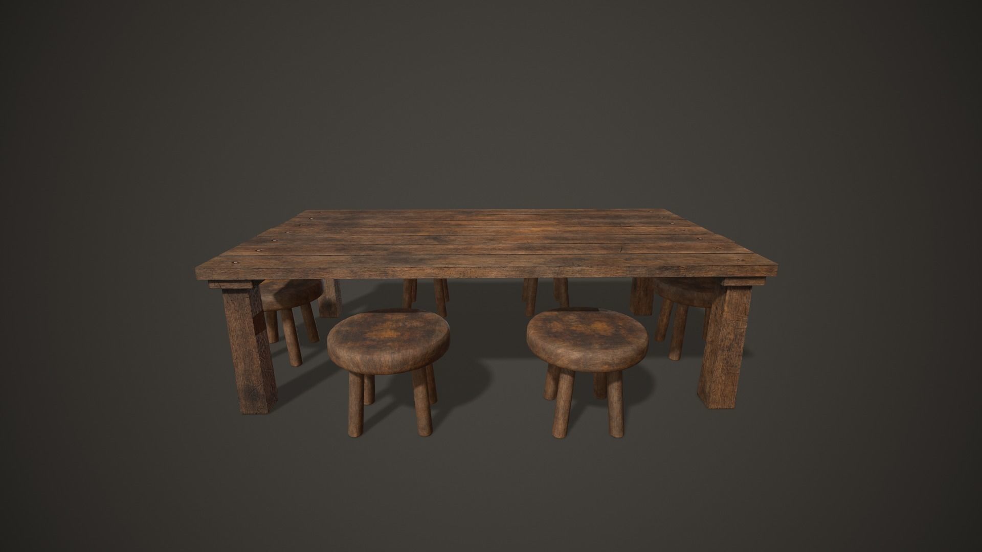 Wooden Tavern Table and Chairs Low-poly 3D model_8