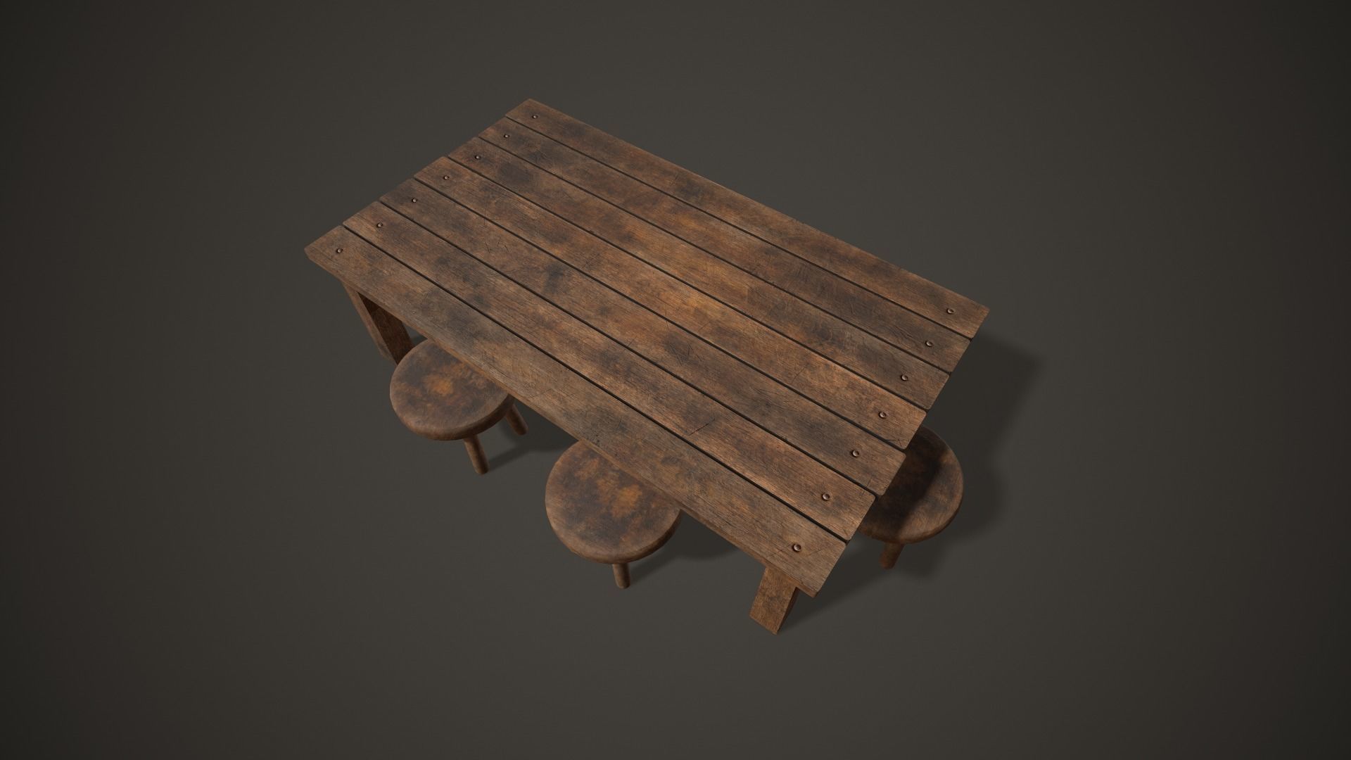 Wooden Tavern Table and Chairs Low-poly 3D model_9