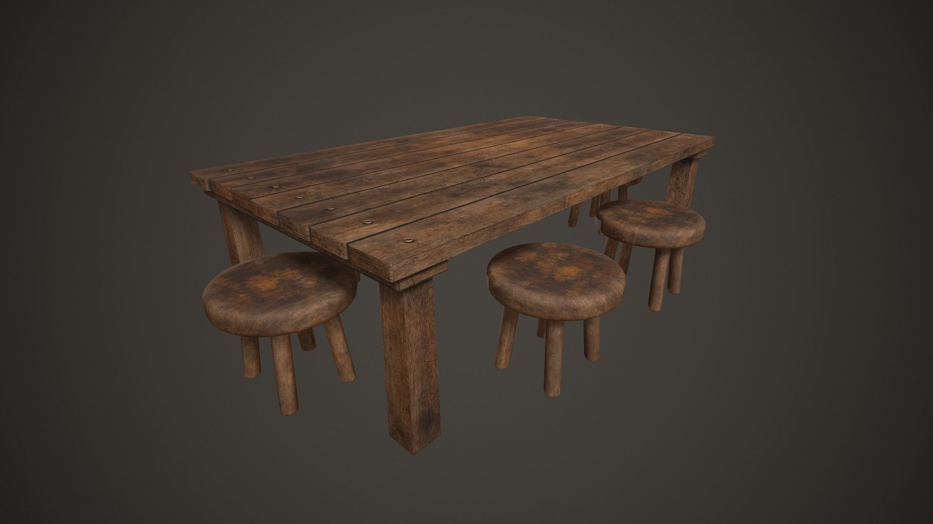 Wooden Tavern Table and Chairs Low-poly 3D model_11