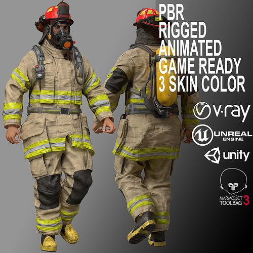 Firefighters prr rigged animated game ready skin color Low-poly 3D model
