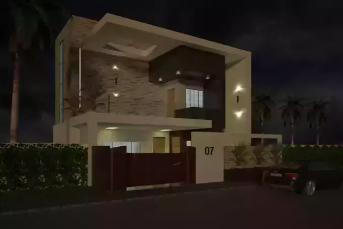 exterior modern house at night 3D model