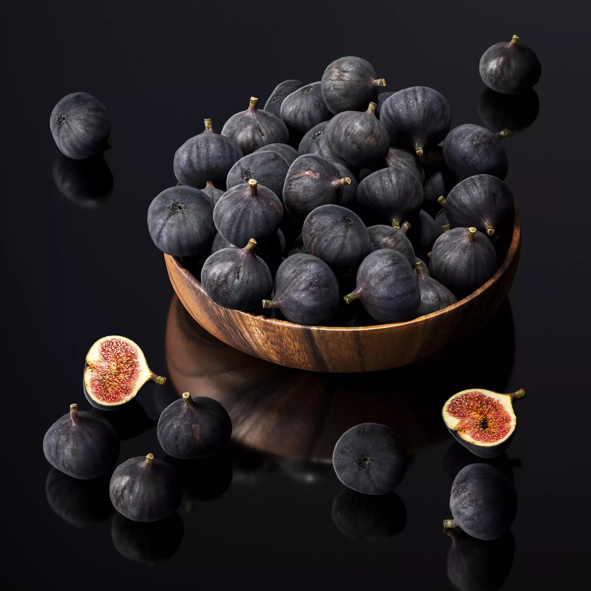 Figs in a wooden bowl Low-poly 3D model_0