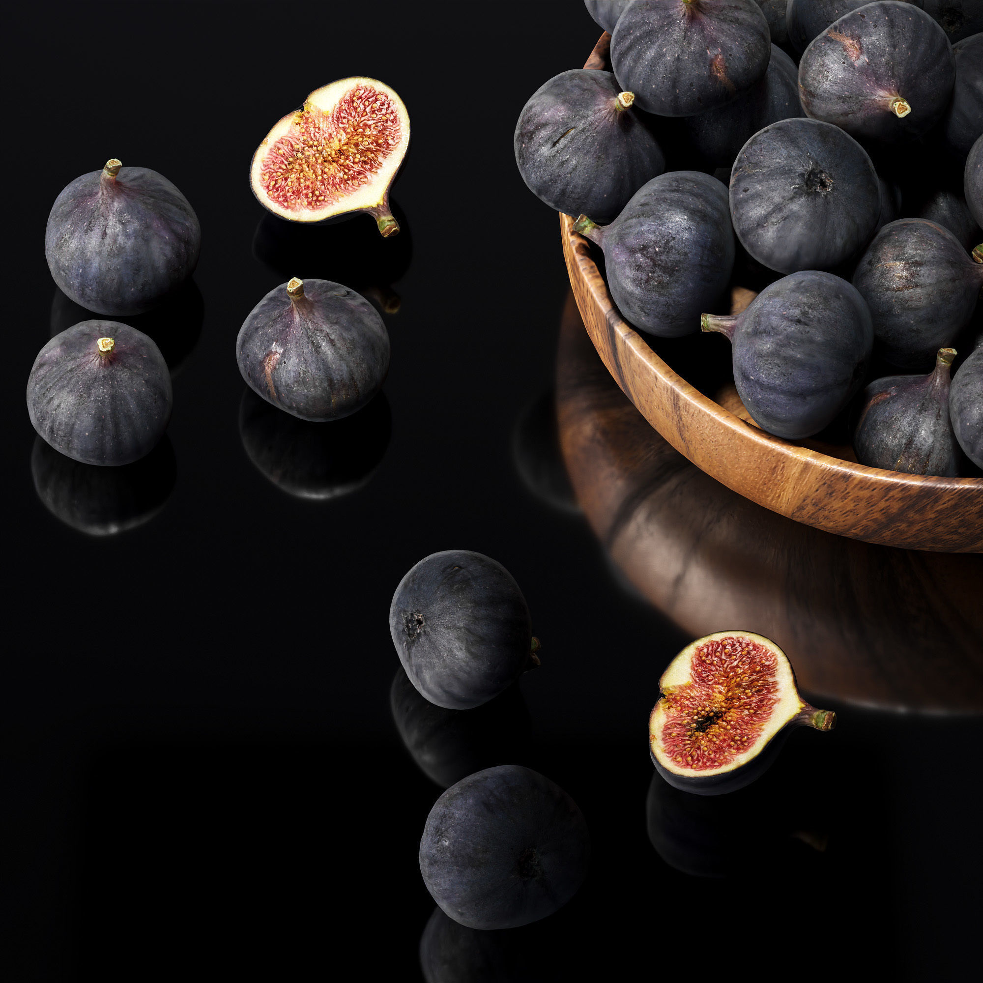 Figs in a wooden bowl Low-poly 3D model_1