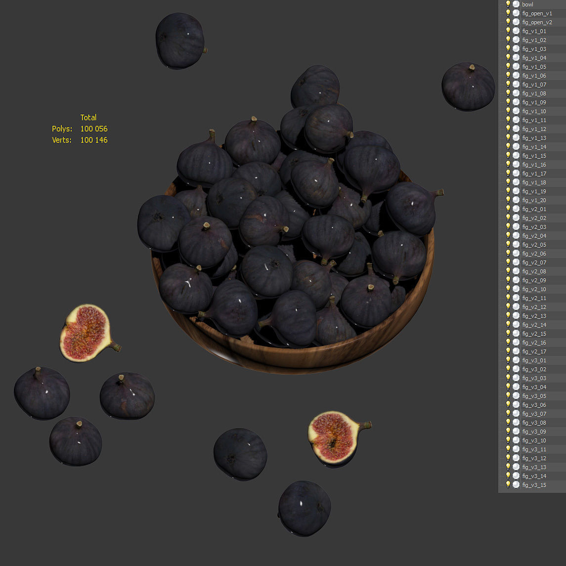 Figs in a wooden bowl Low-poly 3D model_6