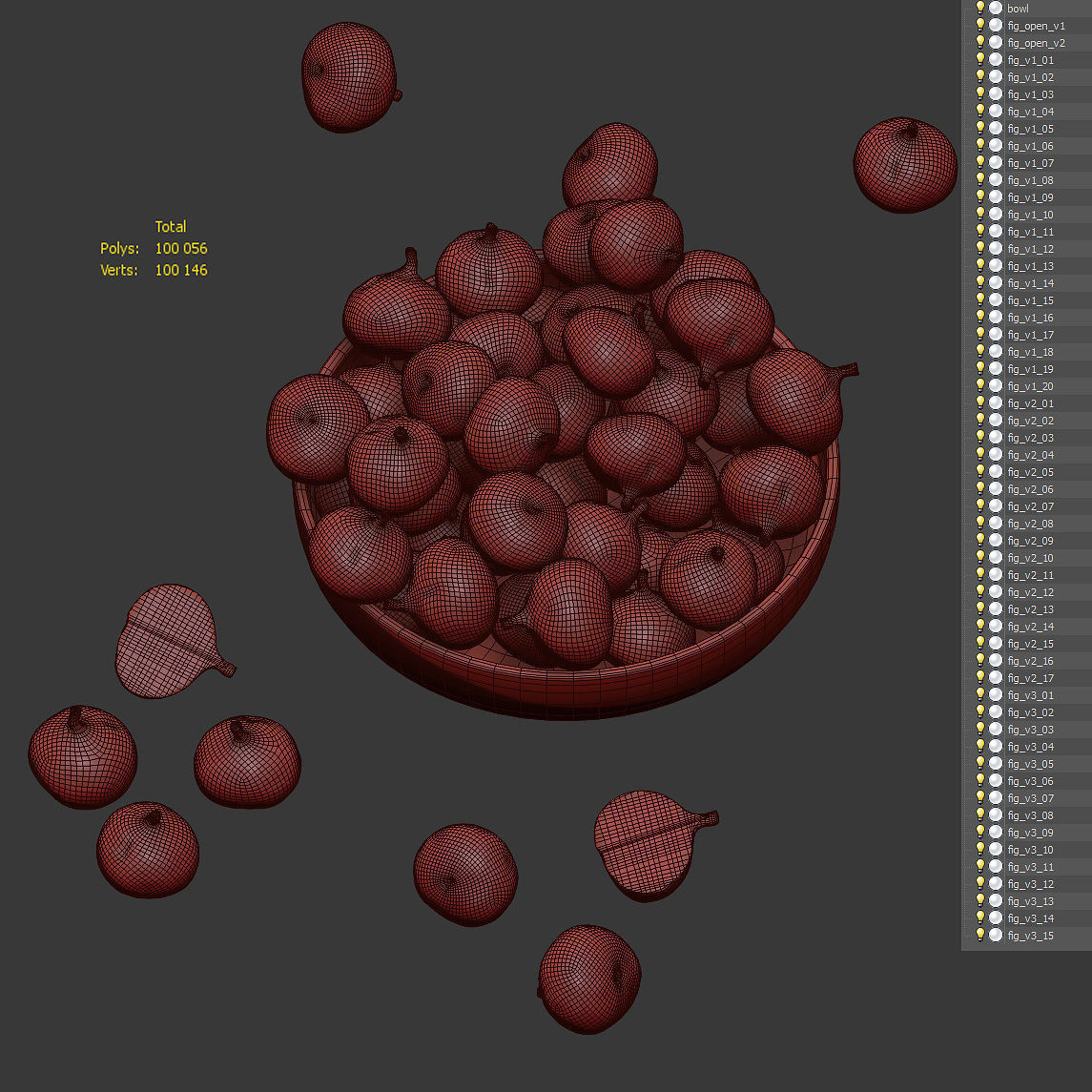 Figs in a wooden bowl Low-poly 3D model_7