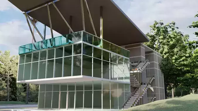 Building modern glass house in woods