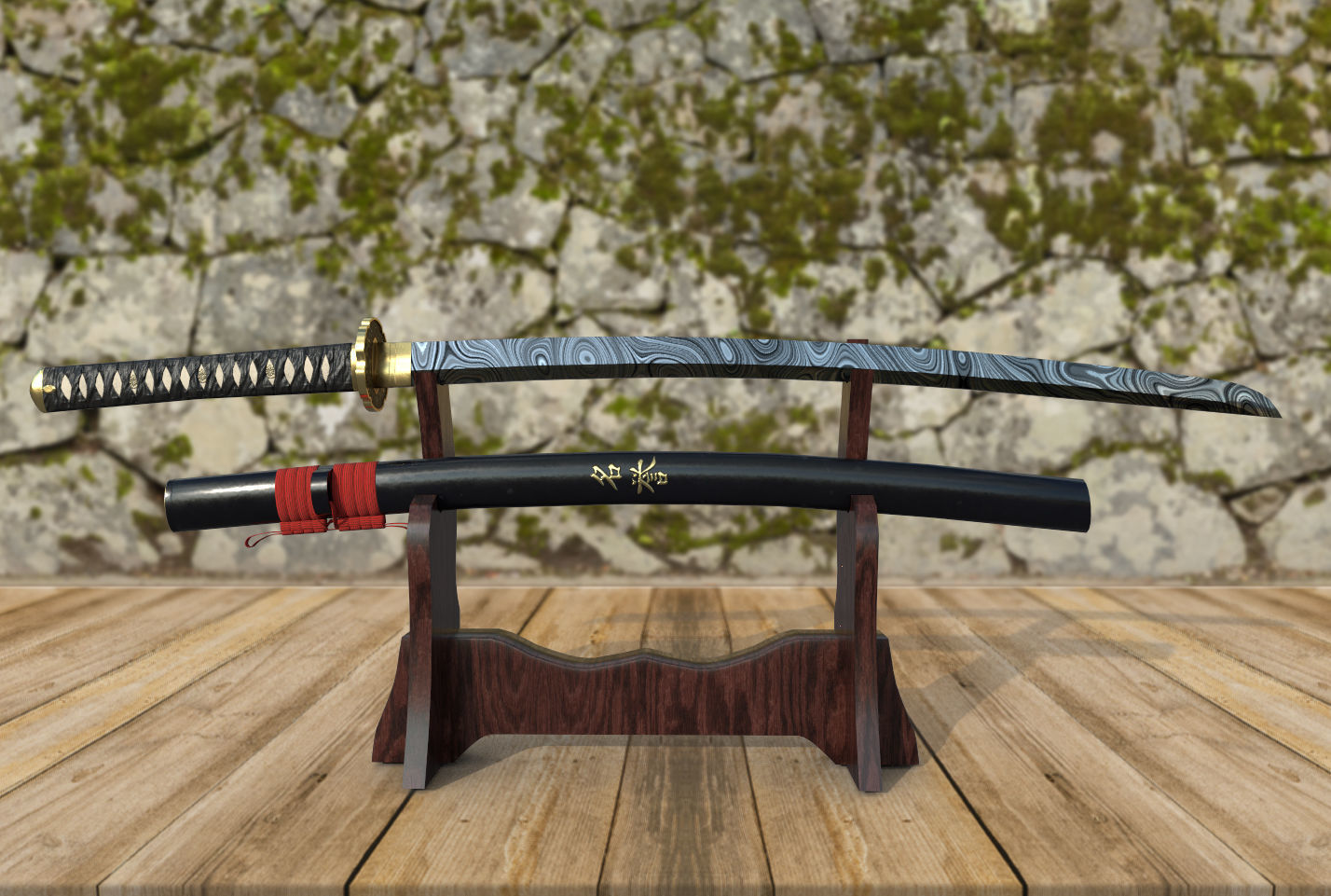 Damascus Steel Katana  Low-poly 3D model_1