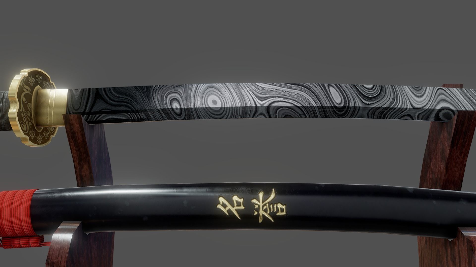 Damascus Steel Katana  Low-poly 3D model_4