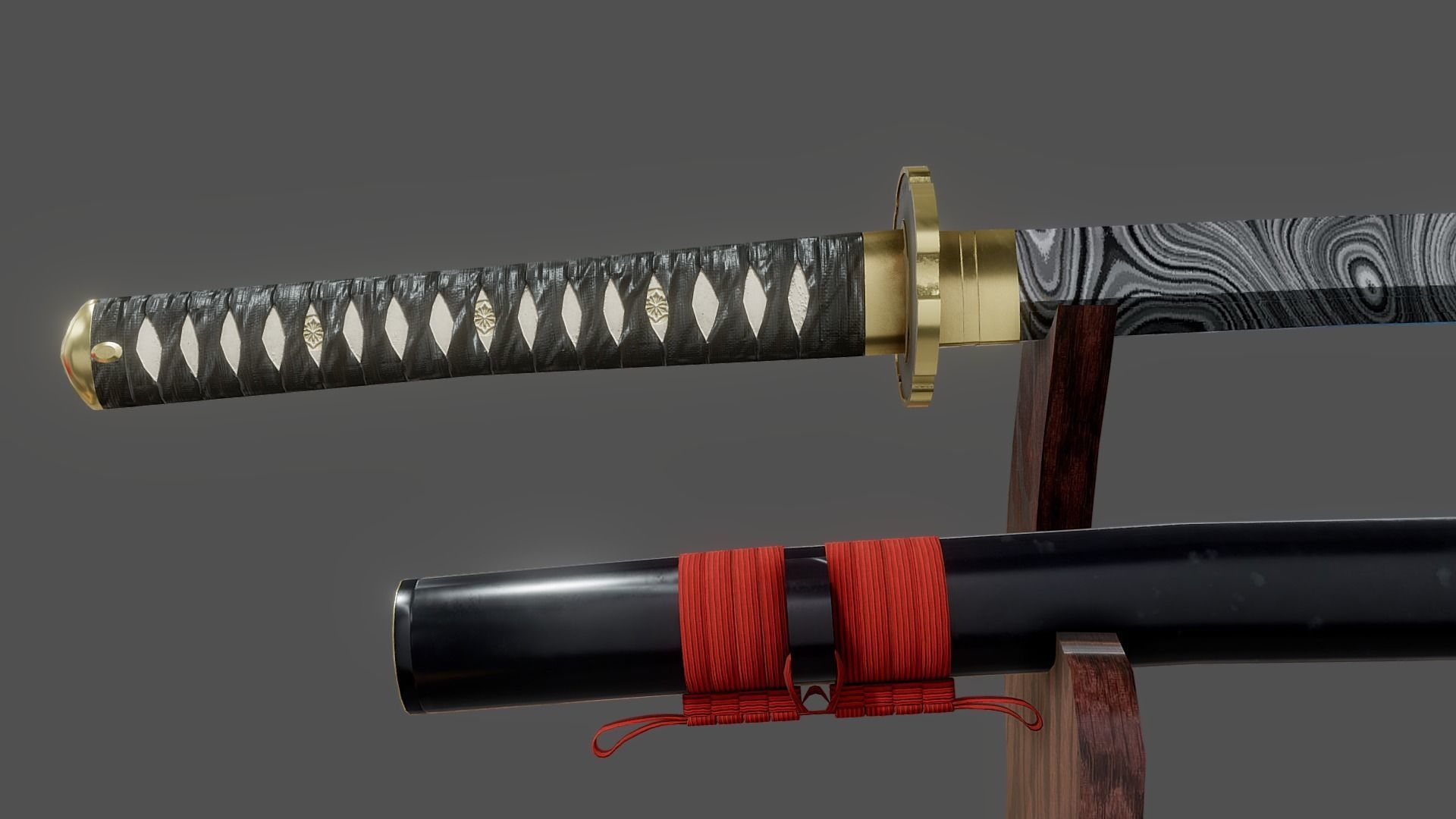 Damascus Steel Katana  Low-poly 3D model_3